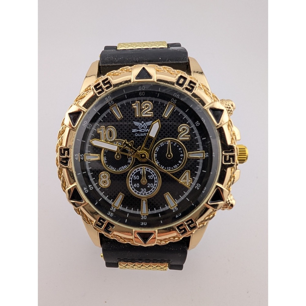 Zhowe Watch Men 46mm Gold Case Black Silicone Band- New Battery